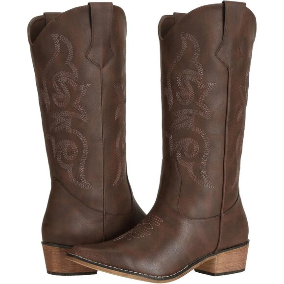 Women's Cowboy Dark Brown Boots Wide Calf Cowgirl Western Fashion Snip Toe Boots - Picture 6 of 7